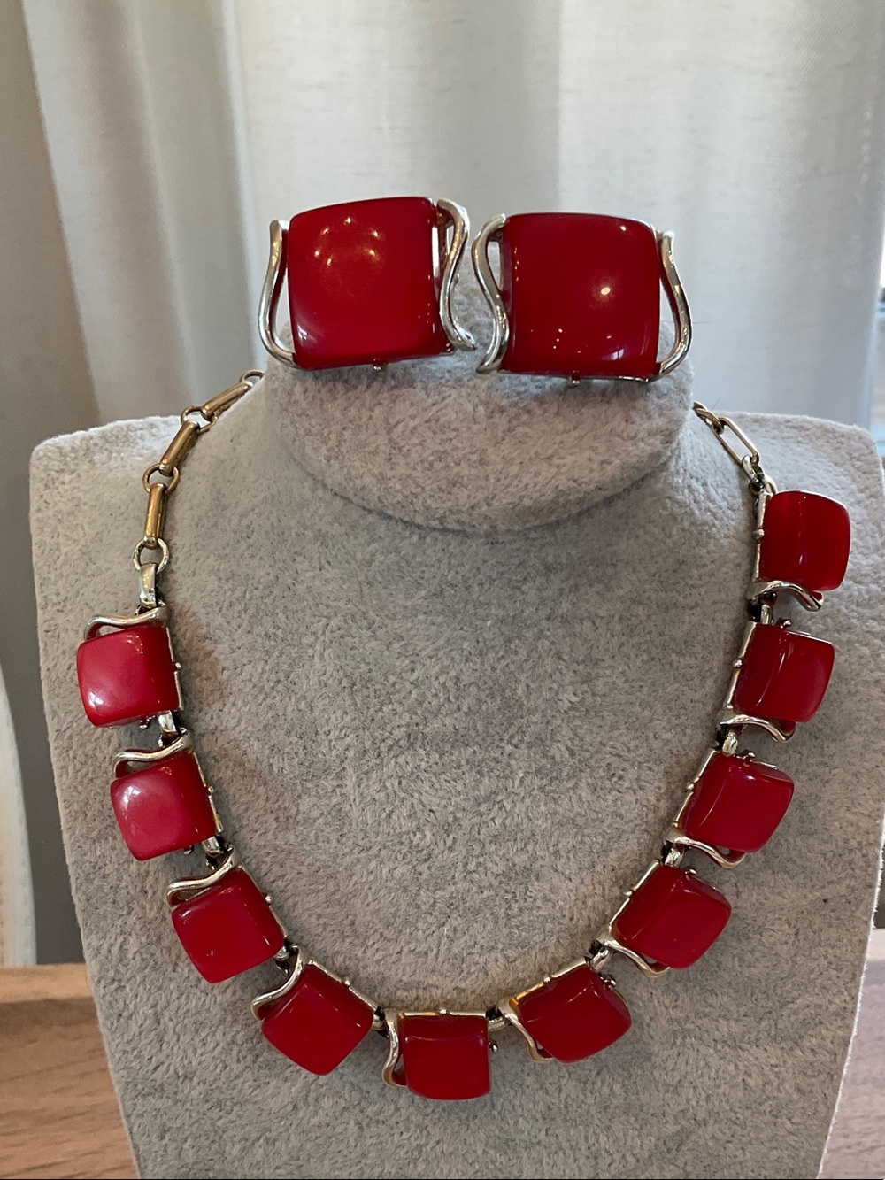 Coro Red Thermoset Plastic Square Link Necklace and Clip-On Earrings Set